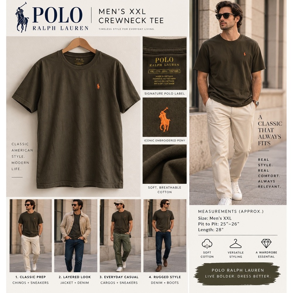 Polo Ralph Lauren Mens XXL Dark Olive T Shirt Orange Pony Logo Crewneck Tee